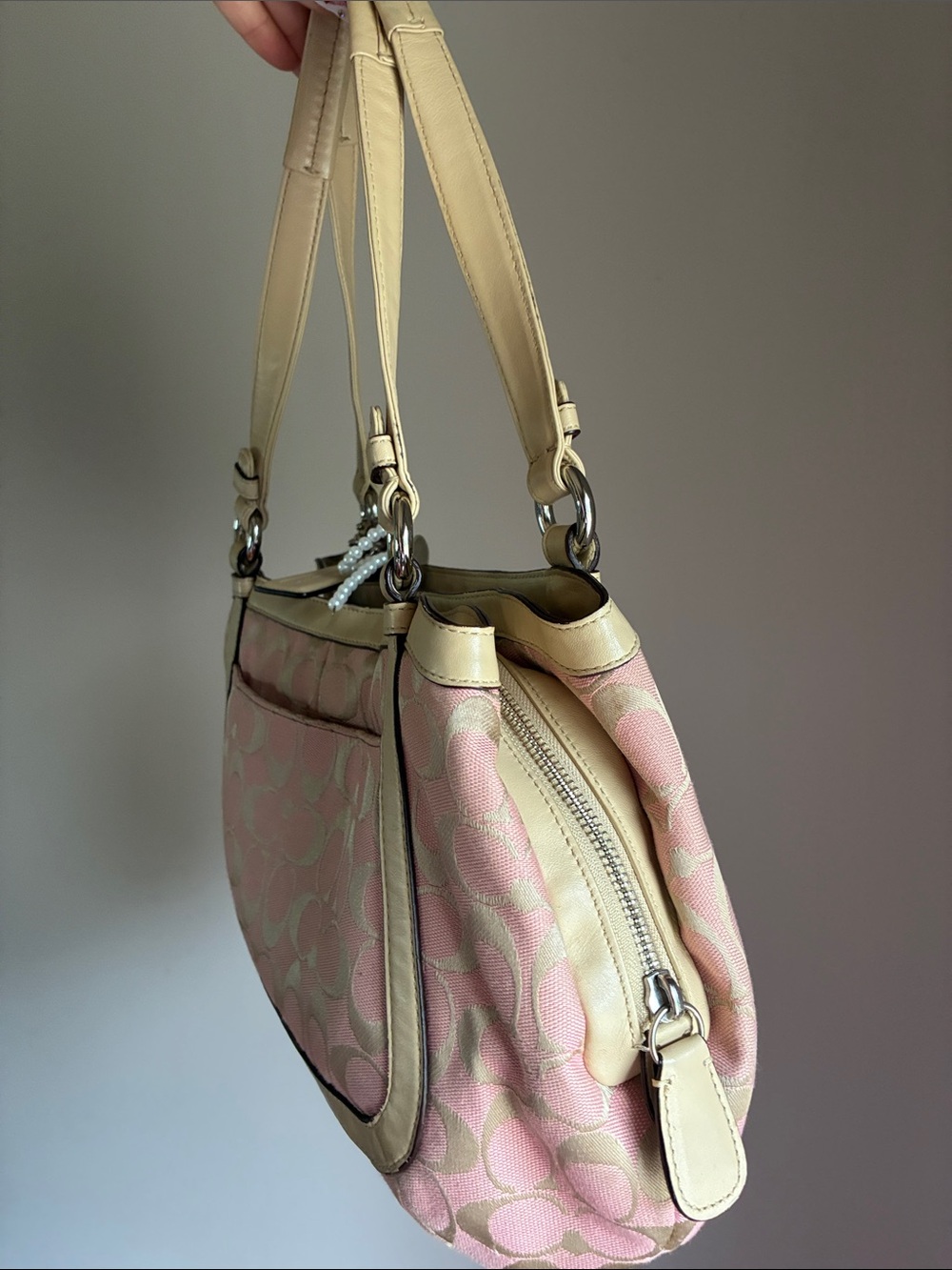 Coach Pink Signature Canvas Shoulder Bag with Beige Trim and Charm - Picture 9 of 12